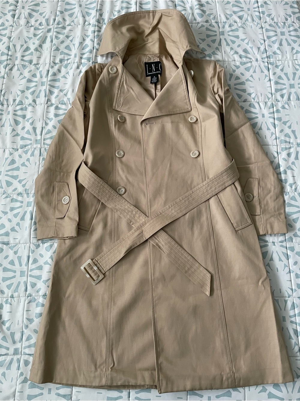 INC International Concepts Tan Double-Breasted Trench Coat with Belt
